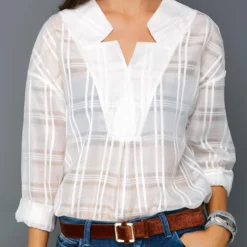 Curved Hem Long Sleeve White Blouse