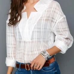 Curved Hem Long Sleeve White Blouse -Rosewe Online Store 206596 P 15323390705882