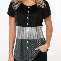 Crinkle Chest Round Neck Button Up T Shirt