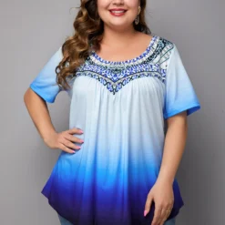 Short Sleeve Tribal Print Ombre Blouse