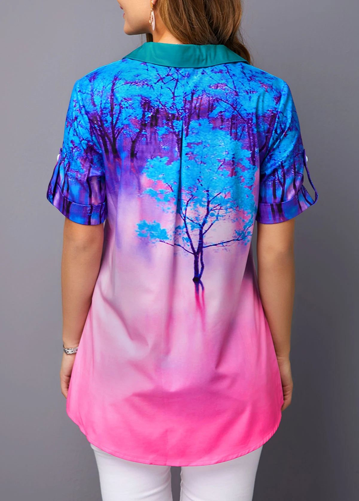 Printed Roll Tab Sleeve Button Detail Blouse 2 Printed Roll Tab Sleeve Button Detail Blouse - Image 2