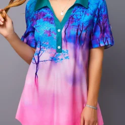 Printed Roll Tab Sleeve Button Detail Blouse