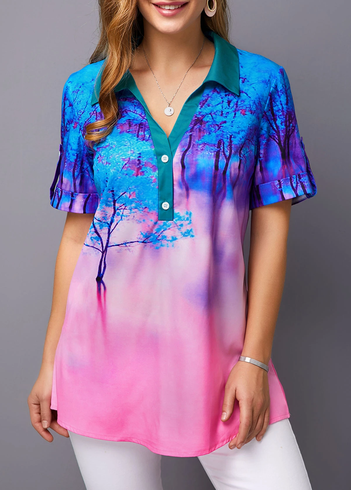 Printed Roll Tab Sleeve Button Detail Blouse 4 Printed Roll Tab Sleeve Button Detail Blouse - Image 4