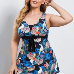 Bowknot Sash V Neck Tropical Print Swimdress And Shorts -Rosewe Online Store 244994 P 15953276445633