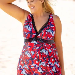 Lace Stitching Floral Print Plus Size Swimdress And Shorts