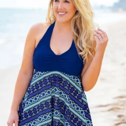 Halter Plus Size Geometric Print Swimdress And Shorts