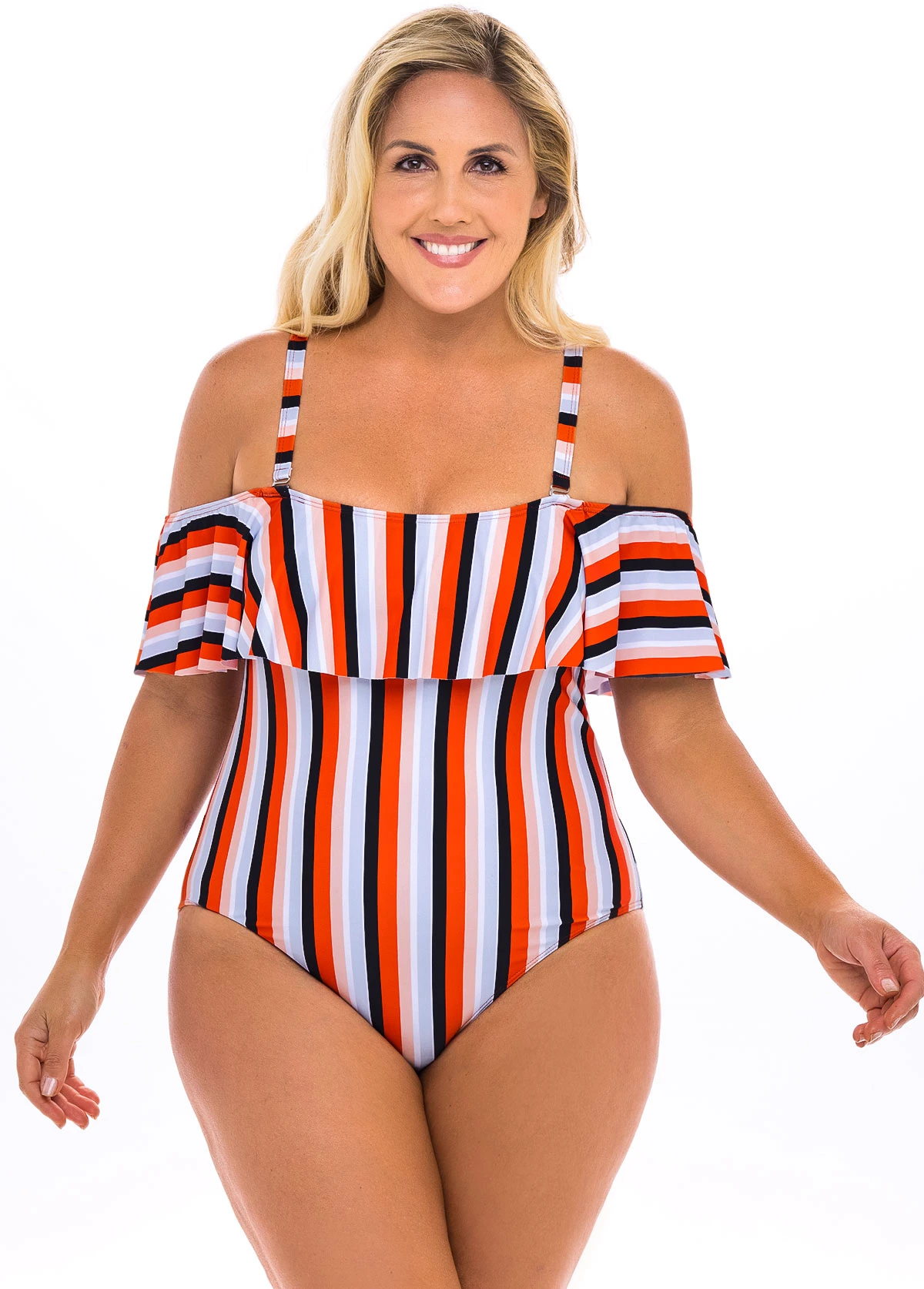 Striped Cold Shoulder Plus Size One Piece Swimwear 4 Striped Cold Shoulder Plus Size One Piece Swimwear - Image 4