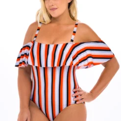 Striped Cold Shoulder Plus Size One Piece Swimwear 6 Striped Cold Shoulder Plus Size One Piece Swimwear -Rosewe Online Store 262533 P 16141446947172