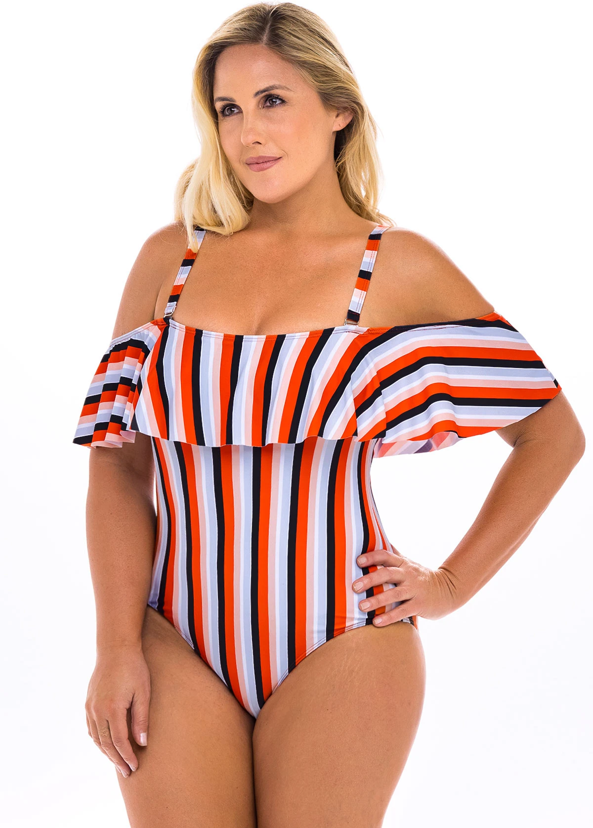 Striped Cold Shoulder Plus Size One Piece Swimwear 3 Striped Cold Shoulder Plus Size One Piece Swimwear - Image 3