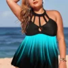 Asymmetric Hem Ombre Plus Size Swimdress And Shorts