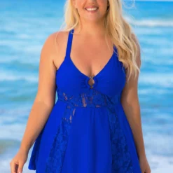 Cross Strap Plus Size Lace Stitching Swimdress And Shorts