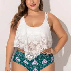 Lace Stitching Floral Print Plus Size Bikini Set