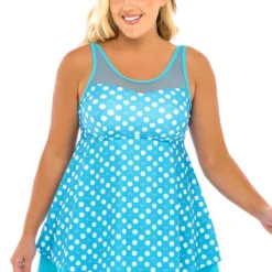 Mesh Stitching Plus Size Polka Dot Swimdress And Shorts