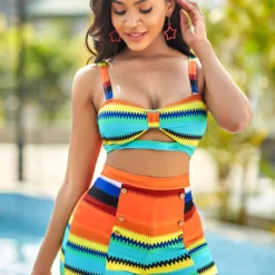 Colorful Striped High Waisted Plus Size Bikini Set -Rosewe Online Store 265149 P 16141370894793