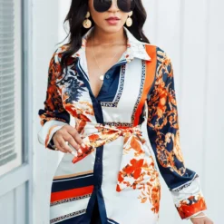 Belted Turndown Collar Long Sleeve Blouse -Rosewe Online Store 265191 P 16145622040572