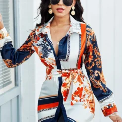 Belted Turndown Collar Long Sleeve Blouse -Rosewe Online Store 265191 P 16145622042254