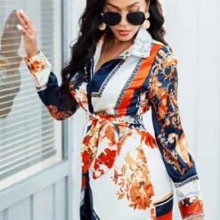 Belted Turndown Collar Long Sleeve Blouse -Rosewe Online Store 265191 P 16145622048333