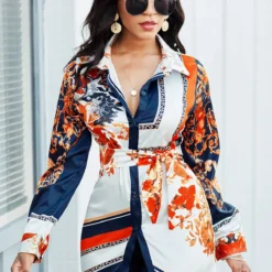 Belted Turndown Collar Long Sleeve Blouse