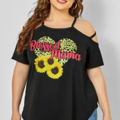 Sunflower Print Plus Size Strappy Cold Shoulder T Shirt