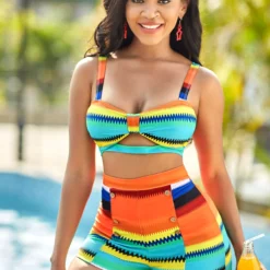 Colorful Striped High Waisted Plus Size Bikini Set