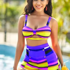 High Waisted Colorful Geometric Print Plus Size Bikini Set -Rosewe Online Store 266800 P 1614582724218