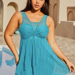 Lace Crossover Hem Plus Size Swimdress And Shorts