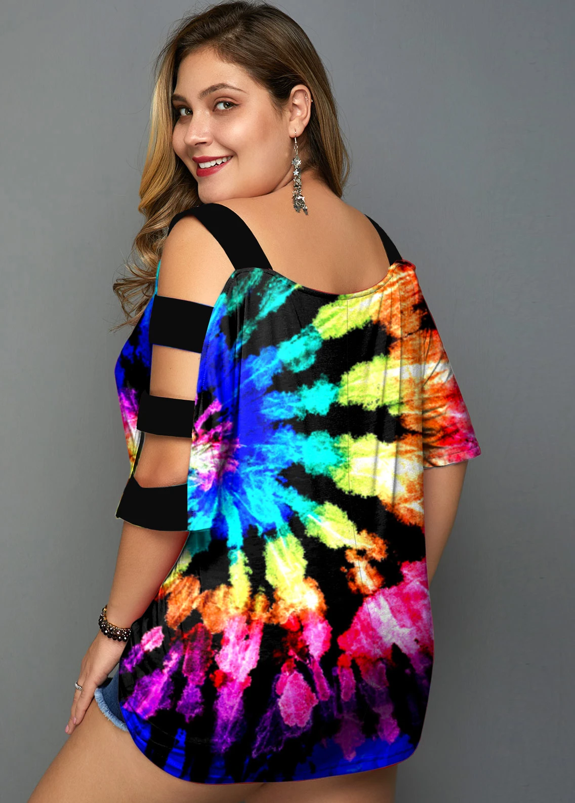 Tie Dye Print MultiColor Ladder Cutout T Shirt 6 Tie Dye Print MultiColor Ladder Cutout T Shirt - Image 6