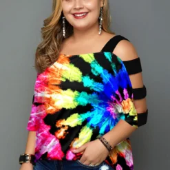 Tie Dye Print MultiColor Ladder Cutout T Shirt 14 Tie Dye Print MultiColor Ladder Cutout T Shirt -Rosewe Online Store 268227 P 1618550798626