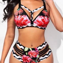 High Waisted Floral Print Plus Size Bikini Set