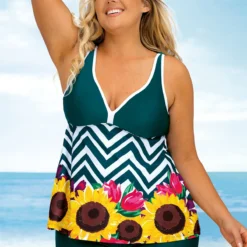 Wide Strap Plus Size Floral And Chevron Print Tankini Set