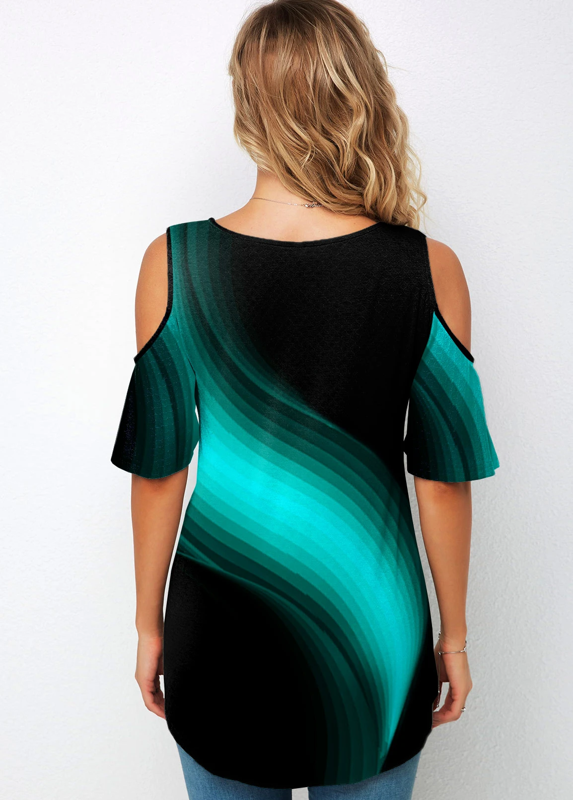 Round Neck Chevron Print Cold Shoulder T Shirt 5 Round Neck Chevron Print Cold Shoulder T Shirt - Image 5