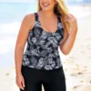 Wide Strap Plus Size Leaf Print Tankini Set