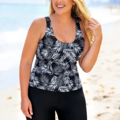 Wide Strap Plus Size Leaf Print Tankini Set