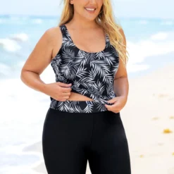 Wide Strap Plus Size Leaf Print Tankini Set 8 Wide Strap Plus Size Leaf Print Tankini Set -Rosewe Online Store 271051 P 16203704614123