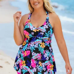 Floral Print Plus Size Cross Strap Tankini Set
