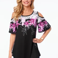 Cold Shoulder Floral Print Asymmetric Hem T Shirt
