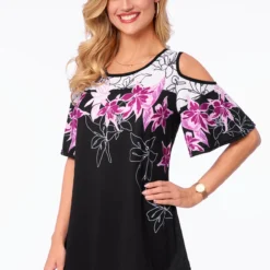 Cold Shoulder Floral Print Asymmetric Hem T Shirt 6 Cold Shoulder Floral Print Asymmetric Hem T Shirt -Rosewe Online Store 271381 P 16241046349952