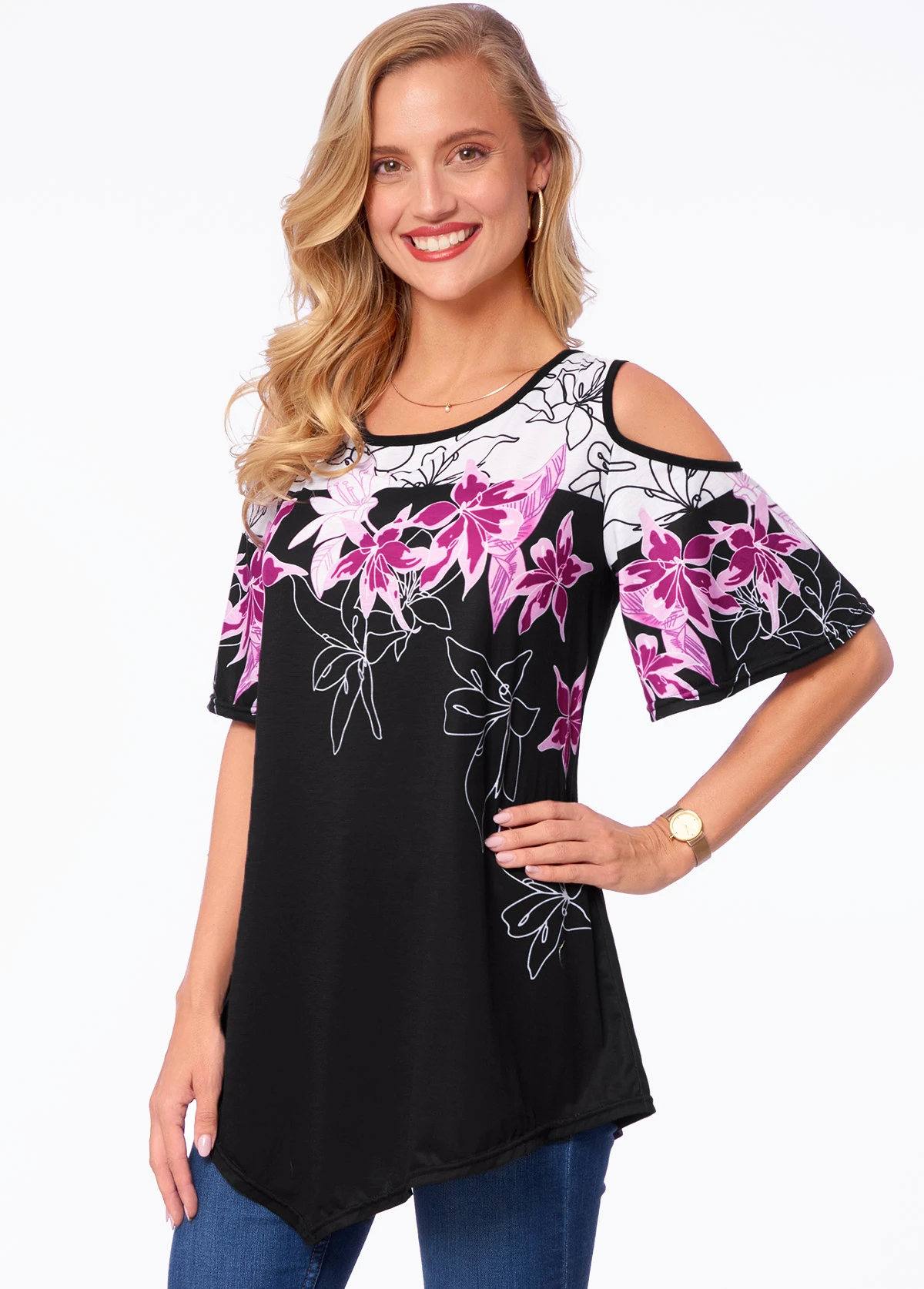 Cold Shoulder Floral Print Asymmetric Hem T Shirt 3 Cold Shoulder Floral Print Asymmetric Hem T Shirt - Image 3