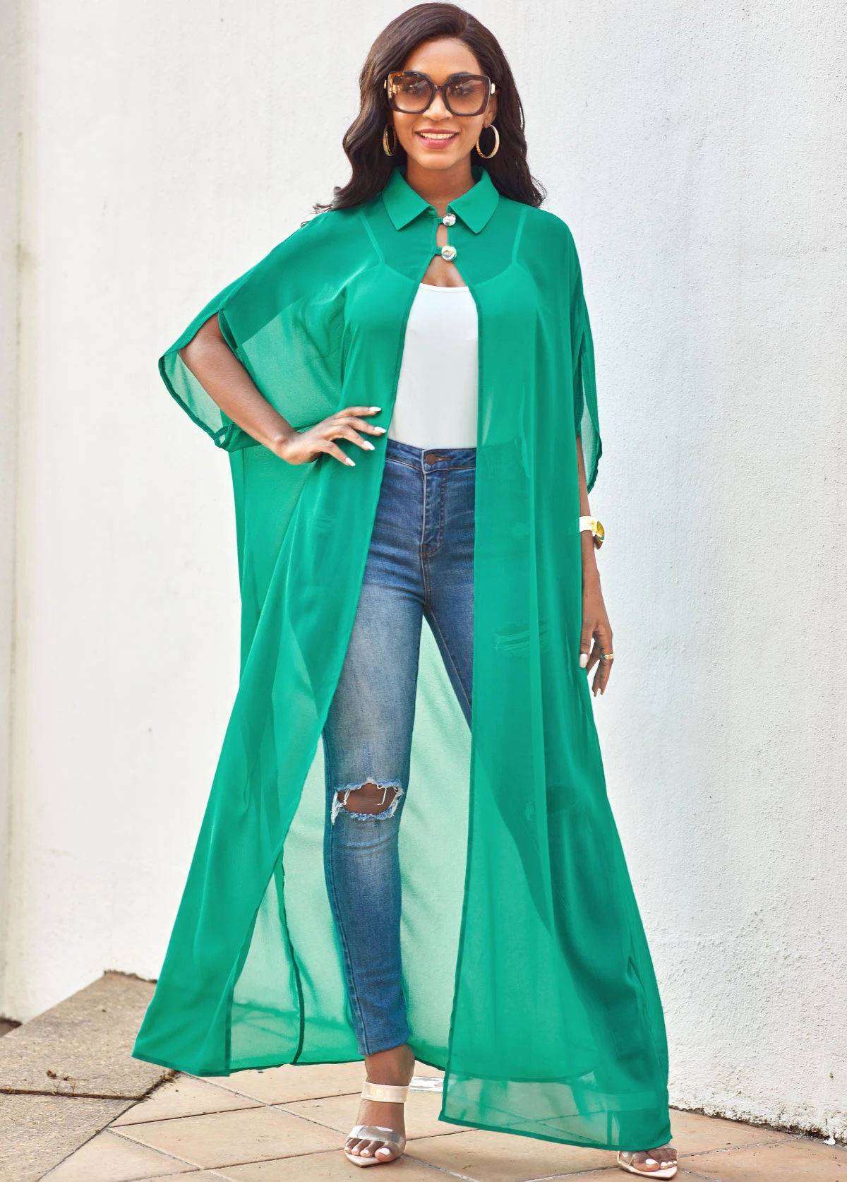 Three Quarters Sleeve Solid Turndown Collar Blouse 1 Three Quarters Sleeve Solid Turndown Collar Blouse