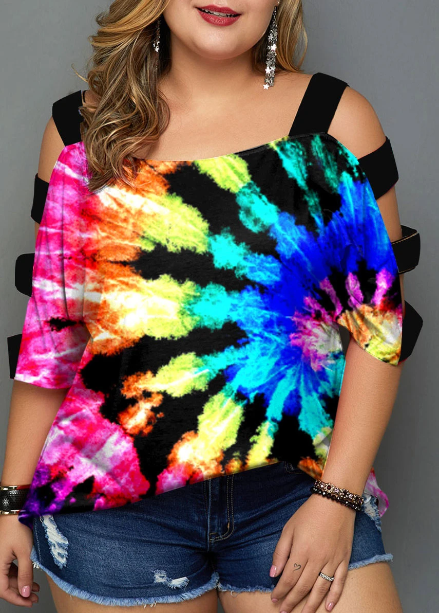 Tie Dye Print MultiColor Ladder Cutout T Shirt 1 Tie Dye Print MultiColor Ladder Cutout T Shirt