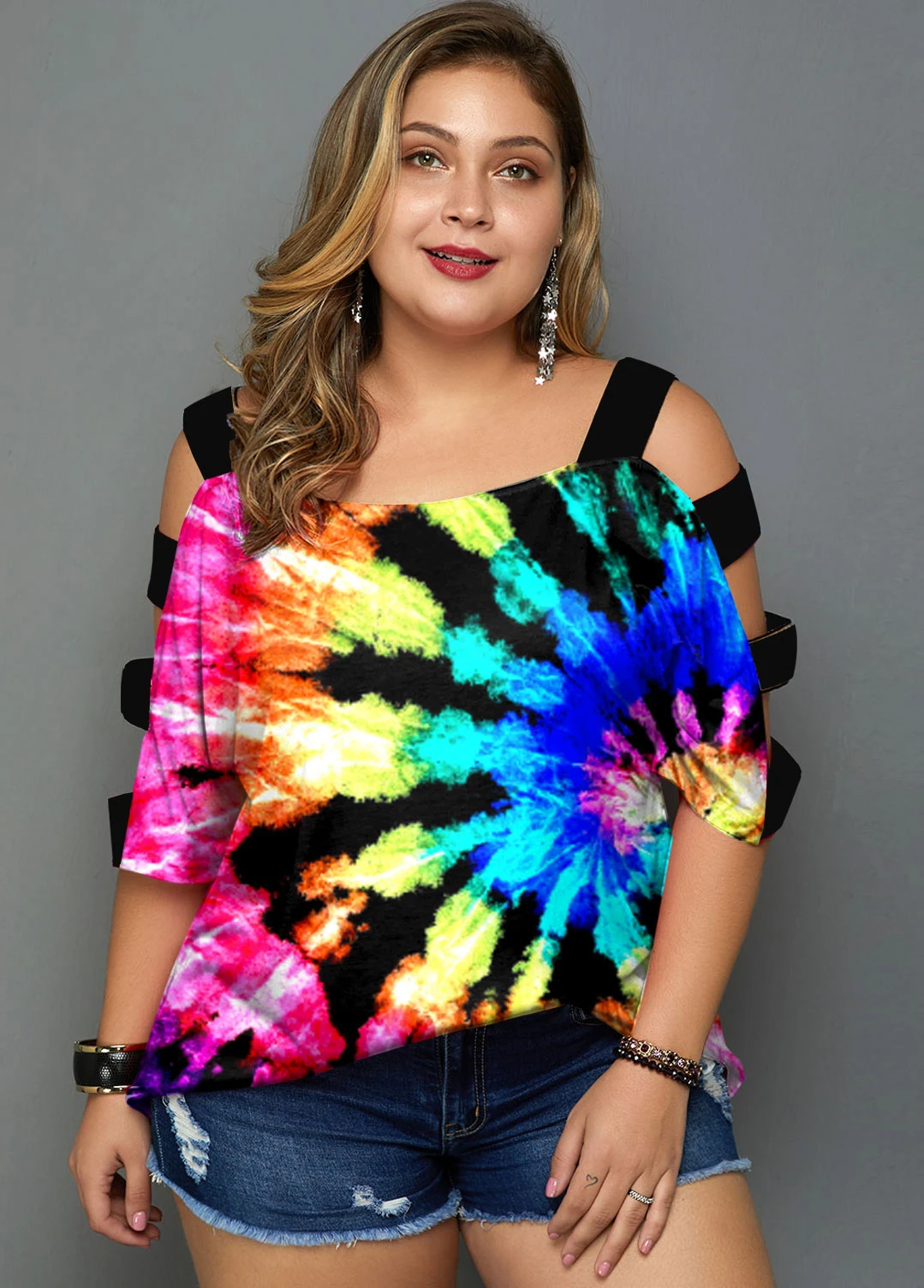 Tie Dye Print MultiColor Ladder Cutout T Shirt 4 Tie Dye Print MultiColor Ladder Cutout T Shirt - Image 4