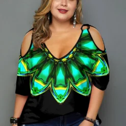 Cold Shoulder Plus Size Psychedelic Print T Shirt