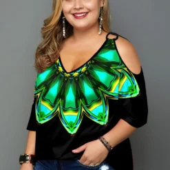 Cold Shoulder Plus Size Psychedelic Print T Shirt -Rosewe Online Store 272044 P 1621917656984
