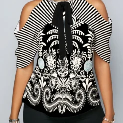 Cold Shoulder Bowknot Cashews Print Blouse