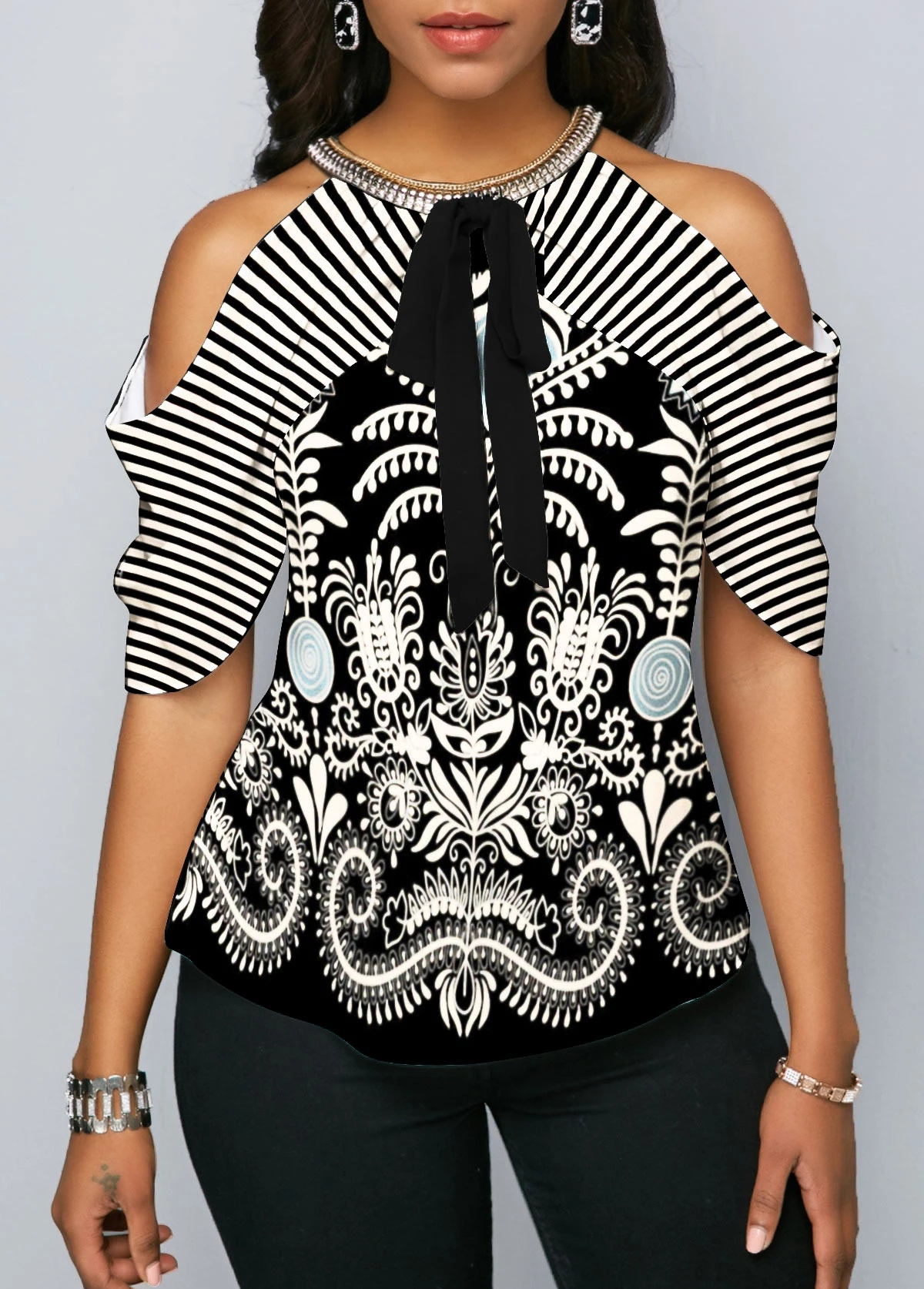 Cold Shoulder Bowknot Cashews Print Blouse 1 Cold Shoulder Bowknot Cashews Print Blouse