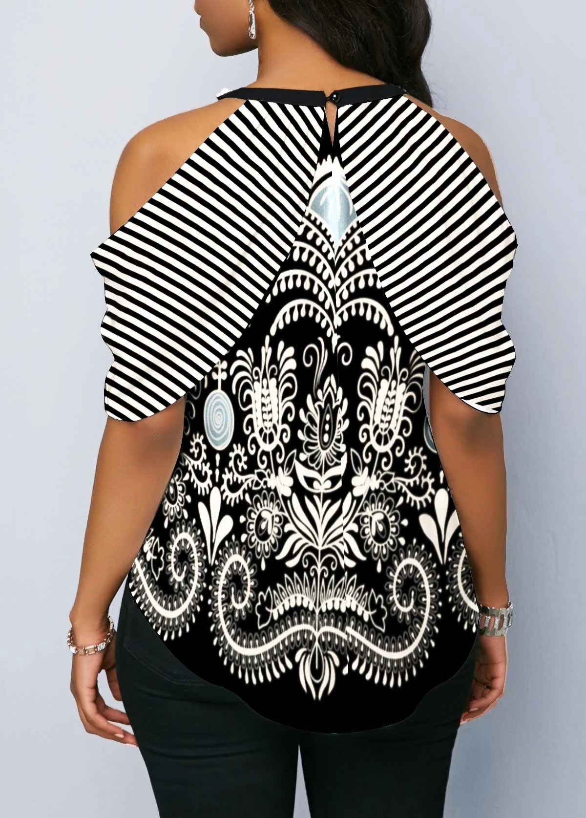 Cold Shoulder Bowknot Cashews Print Blouse 2 Cold Shoulder Bowknot Cashews Print Blouse - Image 2