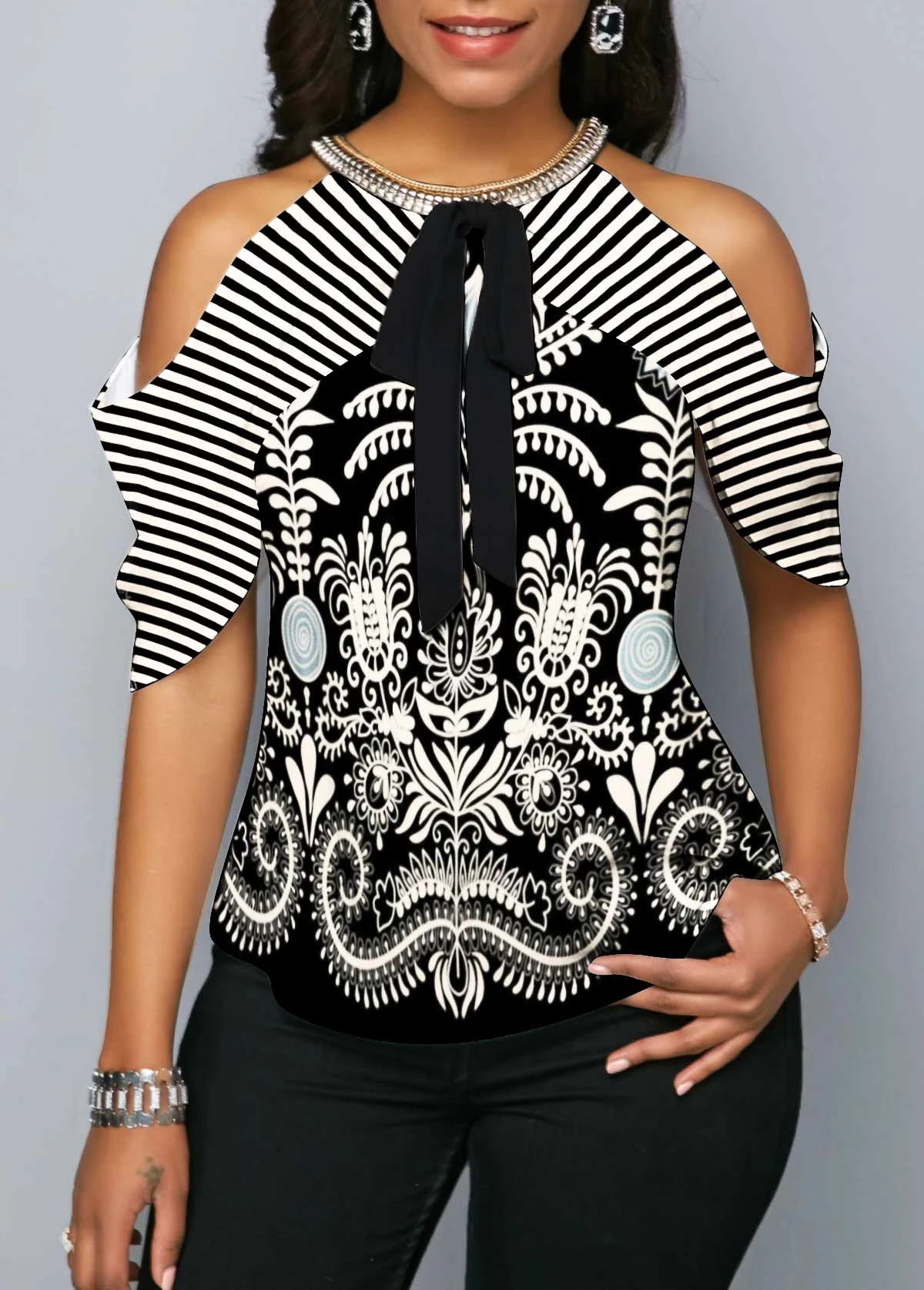 Cold Shoulder Bowknot Cashews Print Blouse 3 Cold Shoulder Bowknot Cashews Print Blouse - Image 3