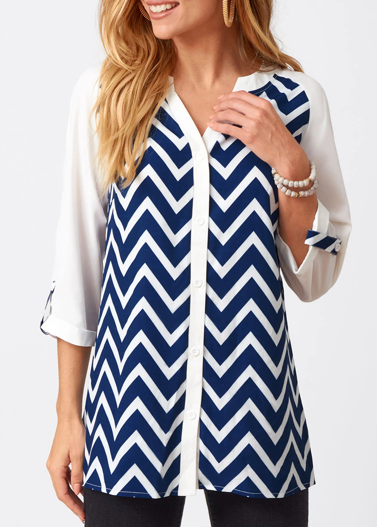 Chevron Print Three Quarters Sleeve Split Neck Blouse 4 Chevron Print Three Quarters Sleeve Split Neck Blouse - Image 4