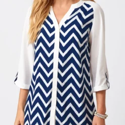Chevron Print Three Quarters Sleeve Split Neck Blouse