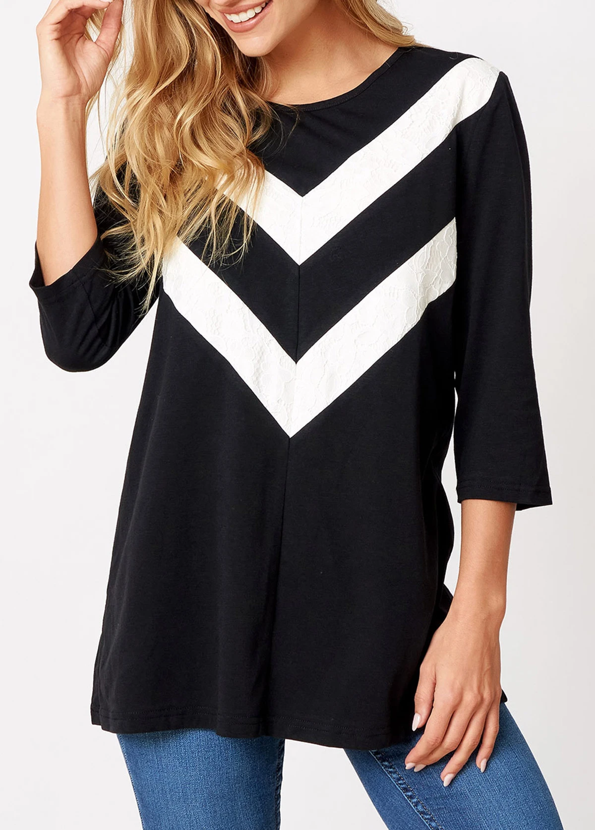 Chevron Print 3/4 Sleeve Round Neck T Shirt 3 Chevron Print 3/4 Sleeve Round Neck T Shirt - Image 3